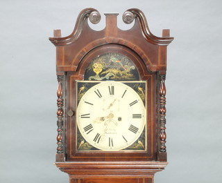 Ellebey of Ashbourn, an 18th Century 8 day striking longcase clock, the 33cm arched painted dial with subsidiary second hand, calendar aperture contained in an oak case complete with pendulum and weights 216cm h 