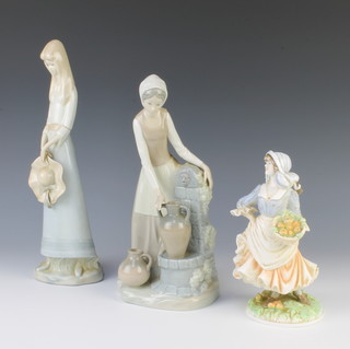 A Nao figure of a lady by a fountain 29cm, do. of a lady with hat 32cm and a Royal Worcester figure - Rosie Picking Apples 19cm 