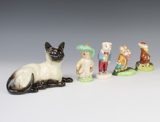 A Beswick figure of a reclining Siamese cat 1559 18cm, 4 Beswick figures - Benjamin Bunny 10cm, Algypug 10cm, A Family Mouse 9cm and The Race Goer 9cm 