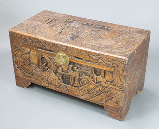 A Chinese carved camphor coffer with hinged lid 47cm h x 89cm w x 44cm d 