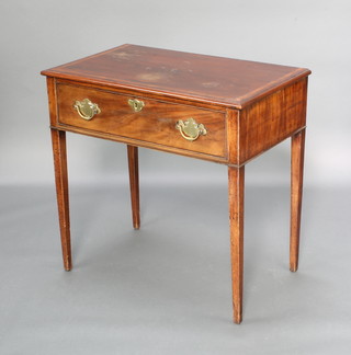 An 18th/19th Century mahogany side table with crossbanded top fitted 1 long drawer with brass swan neck drop handles, raised on square tapering supports 72cm h x 74cm w x 45cm d 