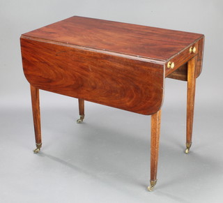 A Georgian mahogany Pembroke table fitted a drawer, raised on square tapered supports 71cm h x 83cm w x 48cm when closed x 103cm when open 