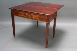 A Georgian mahogany tea table fitted a drawer, raised on square tapered supports 73cm h x 91cm w x 45cm d 