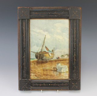 A Victorian painted porcelain panel of a moored fishing boat 25cm x 16cm 