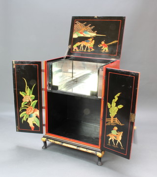 A 1920's orange lacquered chinoiserie style cocktail cabinet with hinged lid and enclosed by a pair of panelled doors, raised on cabriole supports 103cm h x 67cm w x 50cm d 
