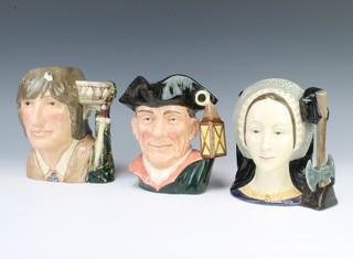Three Royal Doulton character jugs - Romeo D6670 18cm, Ann Boleyn D6644 18cm and Night Watchman D6569 18cm 