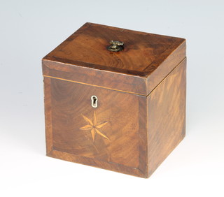 A Georgian square mahogany tea caddy with crossbanded top, ivory escutcheon and star inlay to the front 10cm x 9.5cm x 11cm 
