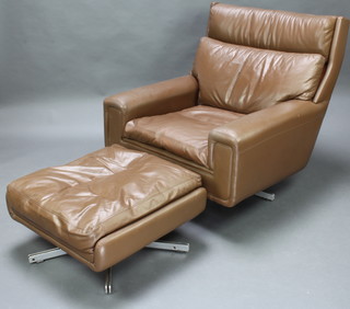 A  mid 20th Century stylish leather upholstered and chrome mounted revolving armchair together with a matching footstool  