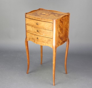 An inlaid Kingwood bedside chest with three-quarter gallery and quarter veneered top, fitted 4 long drawers, raised on cabriole supports  73cm h x 39cm w x 31cm d 