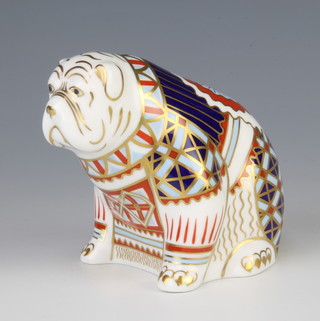 A Royal Crown Derby Imari pattern bulldog paperweight with silver stopper 9cm 