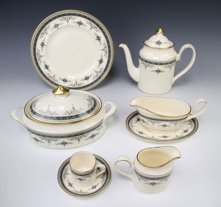 A Minton Grasmere part coffee and dinner service comprising 12 coffee cans, 12 saucers, teapot, coffee pot, 2 milk jugs, sugar bowl, slop bowl, 12 small plates, 12 medium plates, 12 dinner plates, 12 soup bowls, 2 meat plates, 4 tureens and covers, 12 dessert bowls
