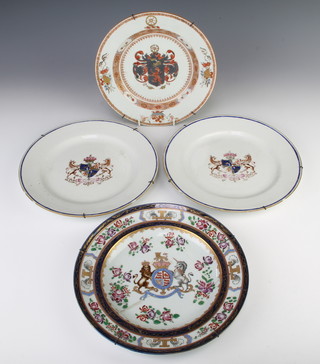 An 18th Century Chinese famille rose plate with armorial 22cm, a Samson do. 25cm and 2 armorial plates 25cm 