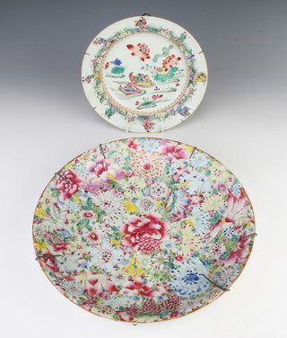 An 18th Century Chinese famille rose plate decorated with ducks 23cm, a famille rose plate decorated with flowers 33cm 