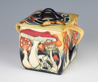 A modern Moorcroft "Toadstool Carnival" pattern square box and cover, designed by Emma Bossons 164/200 dated 2009, 11cm, boxed 