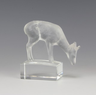 Lalique, a frosted and clear glass deer faun paperweight, etched Lalique France 8cm 