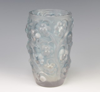 Lalique, a Raisins pattern blue moulded glass tapered vase, circa 1928, pattern no. 1032 engraved R LALIQUE FRANCE 16cm 