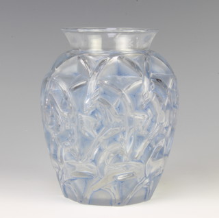Lalique, a moulded blue Chamois pattern glass baluster vase, circa 1931, etched R LALIQUE FRANCE 12cm h