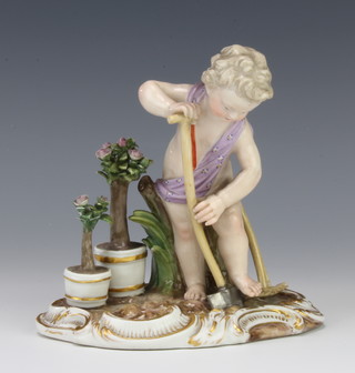 A 19th Century Meissen figure of a child digging before pots of flowers  on a Rococo base printed and impressed marks 13cm 