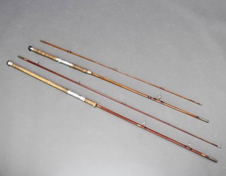 A Sharpes of Aberdeen 9' split cane spinning fishing rod together with a Bennett of Sheffield 8' split cane spinning rod 
