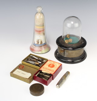 A curios Victorian glass dice shaker contained under a glass dome 13cm h x 12cm diam., an Alum Bay glass sculpture contained in a bell shaped receptacle 17cm x 8cm, a circular prismatic compass 4cm and various curios 