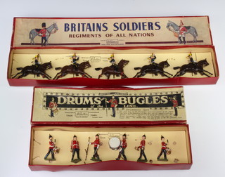 Two sets of Britains soldiers, Regiments of all Nations, no. 8 The Fourth Queens Own Hussars and no.30 Drums and Bugles, boxed