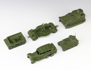 A collection of pre-war Dinky Toys including A Light Tank 152A, a model of a 151A Medium Tank, 161 Anti Aircraft Gun and Trailer and 152B Reconnaissance Car 