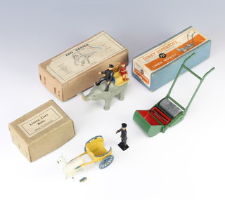Taylor and Barrett, a Lama Cart Ride complete with lama, cart and keeper, boxed (foot step to the cart is damaged) together with a Zoo Series Elephant Ride no.13 comprising elephant, seat, keeper and 2 figures and a Dinky no.751 lawn mower 