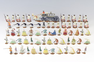 A collection of  pressed lead "Cinderella" figures comprising horse and carriage, 20 soldiers, 13 standing gentleman, 14 lady dancers, 11 gentleman dancers, 2 gentleman dance callers, a standing queen, 3 standing lady figures and a figure of a lady with train and attendant (f) 
