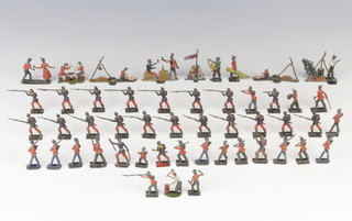 Forty painted lead figures of infantrymen and 9 other painted lead figures "Camp Life" comprising 3 camp fires (1f), the card game, standing lady and gentleman, carolling soldiers and 3 other figures
