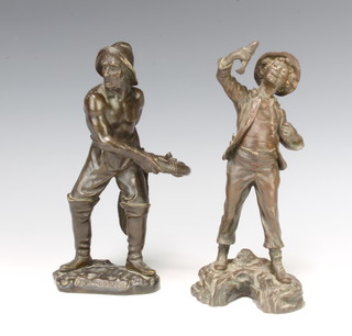 After F.Fuchs, a bronze figure of a standing boy with carp 23cm h x 11cm x 10cm and 1 other bronze figure of a fisherman with life ring, the base marked Le Sauveteur 23cm h x 11cm x 8cm 