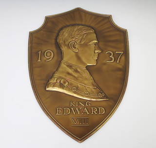A Metcraft Edwardian VIII embossed shield shaped Coronation wall plaque marked 1937 Edward VIII 45cm h x 31cm w 