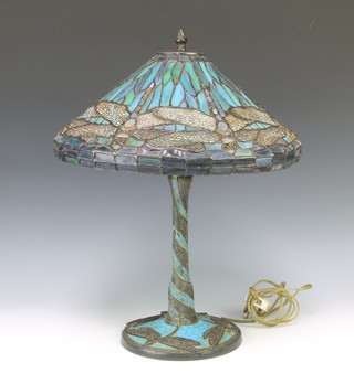 A Tiffany style bronze and stained glass table lamp decorated dragonflies, raised on a circular base 50cm h x 41cm diam. 