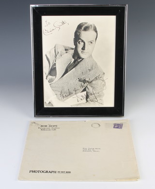 Bob Hope, a signed black and white photograph, signed to Claire Smith Thank's for the memory, 24 x 19cm, framed, together with original envelope marked From the Bob Hope Paramount Studios Hollywood 