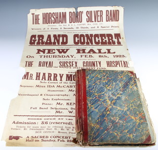 Of Horsham interest, a poster advertising the  Horsham Boro Silver Band Concert February 8th 1923 88cm x 56cm (some tears and damage), various sections of no.2 Edwards Companion "From London to Brighthelmstone", other Horsham related ephemera and an edition of The Horsham and Mid Sussex Guardian 1921  