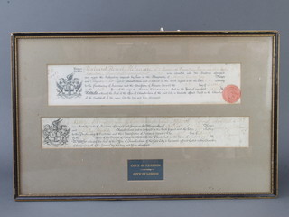 A George III Freedom of the City of London Certificate to Henry Robinson son of Christopher and late apprentice of Richard Radford dated 17 April 1798 together with a Victorian freedom certificate to Richard Robert Robertson chartered accountant 13 October 1886, both contained in a Hogarth frame 35cm x 55cm 