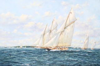 **John Sutton (b.1935), oil on canvas signed, "Halcyon Days of Yachting, Westwood and Britannia Racing Towards the Finishing Line with Lulworth and Shamrock Astern, Cowes 1926" 60cm x 90cm 