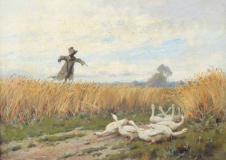 Joseph Paulman, oil on canvas signed, Geese in a field with scarecrow 29cm x 40cm 
