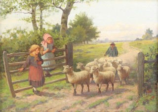 Joseph Paulman, oil on canvas signed, rural study with 2 girls at a gate with a shepherd and flock 29cm x 39cm 
