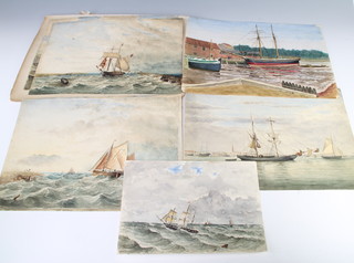 19th Century watercolours monogrammed, unframed, a Thames scene with moored ships 35cm x 25cm and 8 others and a photograph

