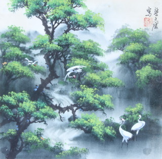 20th Century Japanese watercolour study of heron amongst trees, 34cm x 34cm 