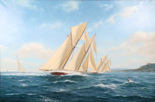 **Shane Michael Couch, born 1963, oil on canvas, signed, "Adela in Close Quarters with an Adversary off Rocken End, Isle of Wight, 1905" 100cm x 150cm 