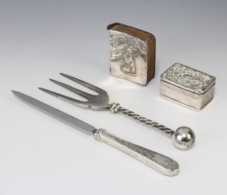 An Edwardian rectangular silver repousse trinket box Birmingham 1904, 27 grams, 4.5cm together with a silver backed book of Common Prayer and 2 plated utensils 