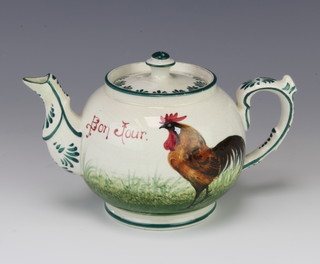 A Wemyss style teapot decorated with cockerels Bon Jour, 20cm  