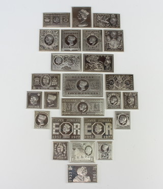 Twenty five cast silver postage stamps, 484 grams 