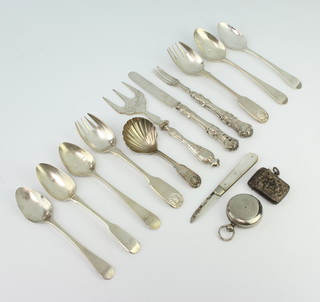 A Victorian silver vesta with chased decoration Birmingham 1899 and minor flatware etc 