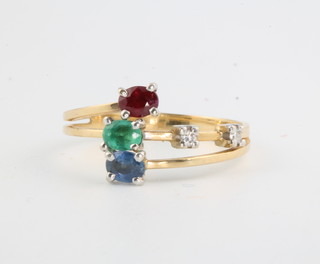 A Continental yellow gold diamond, ruby, emerald and sapphire ring, size N 