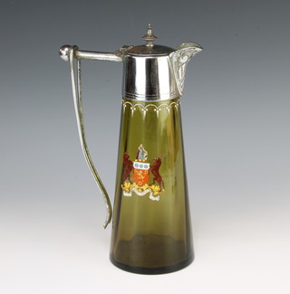 A Continental green glass enamelled ewer with plated mounts depicting the crest of The Cape of Good Hope 26cm 