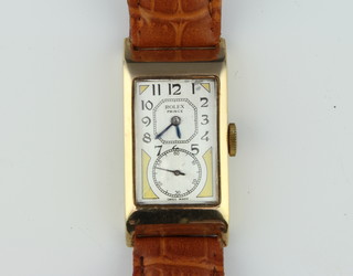 Rolex.  A gentleman's 1930's Rolex Prince 9ct yellow gold rectangular wrist watch, the movement marked 72431, the case marked 377. 1343A on a later leather strap and later box.  