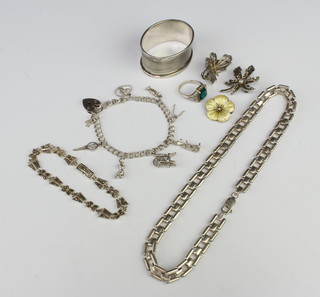 A silver and enamelled brooch and minor silver  jewellery, 103 grams