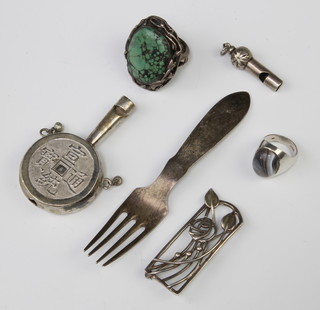 A Chinese silver whistle and minor items 83 grams